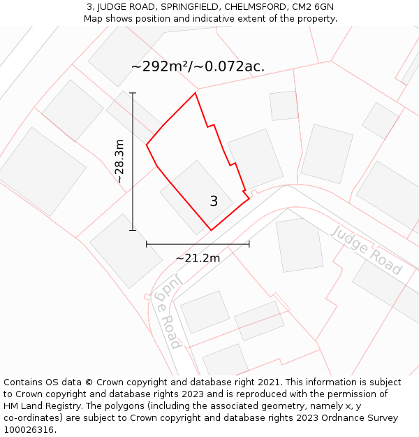 3, JUDGE ROAD, SPRINGFIELD, CHELMSFORD, CM2 6GN: Plot and title map