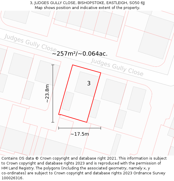 3, JUDGES GULLY CLOSE, BISHOPSTOKE, EASTLEIGH, SO50 6JJ: Plot and title map