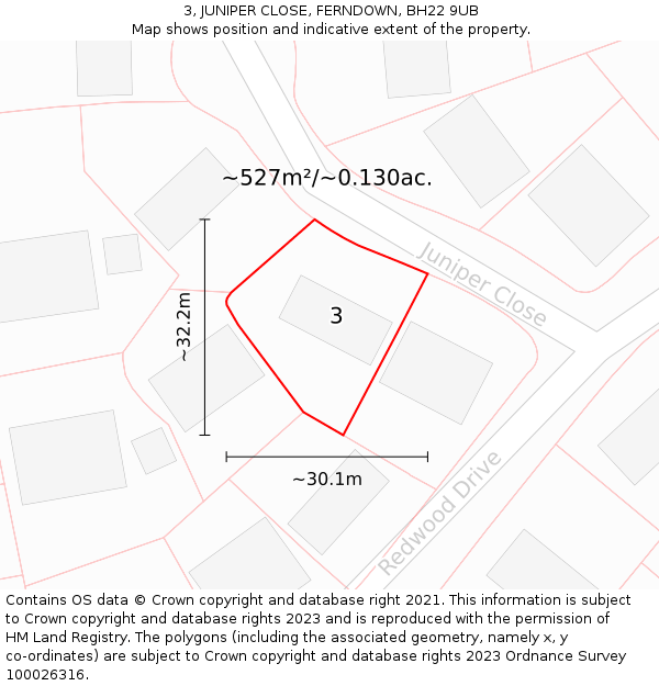 3, JUNIPER CLOSE, FERNDOWN, BH22 9UB: Plot and title map