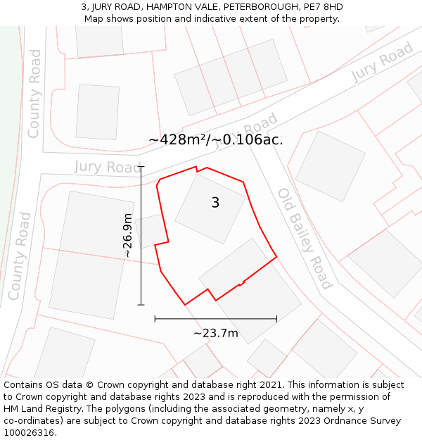 3, JURY ROAD, HAMPTON VALE, PETERBOROUGH, PE7 8HD: Plot and title map