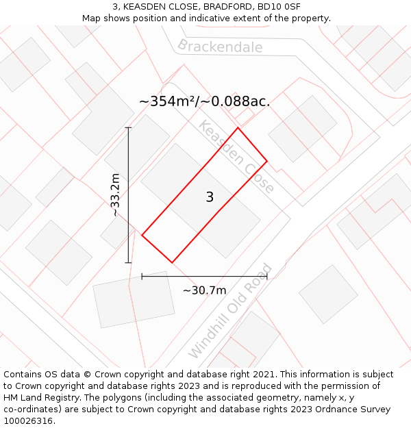 3, KEASDEN CLOSE, BRADFORD, BD10 0SF: Plot and title map