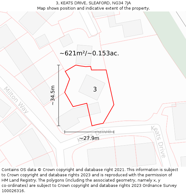 3, KEATS DRIVE, SLEAFORD, NG34 7JA: Plot and title map