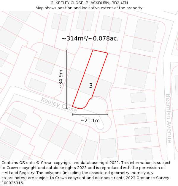 3, KEELEY CLOSE, BLACKBURN, BB2 4FN: Plot and title map