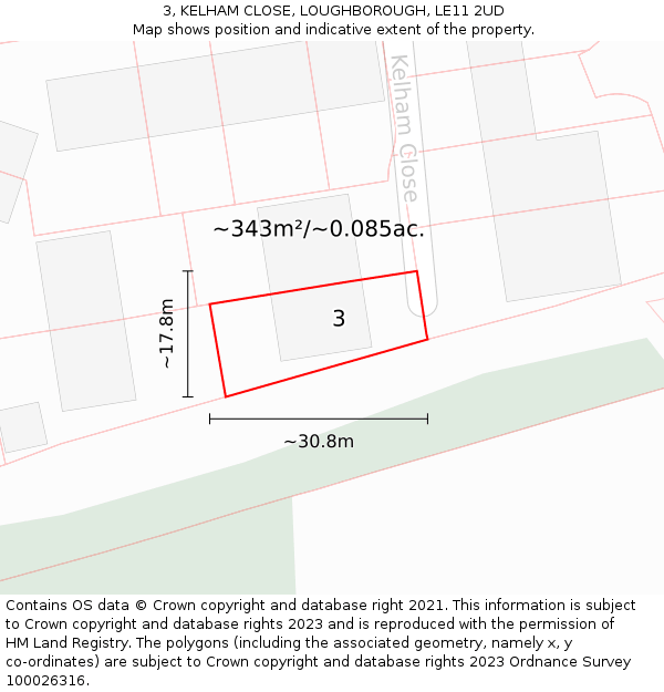 3, KELHAM CLOSE, LOUGHBOROUGH, LE11 2UD: Plot and title map