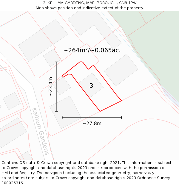 3, KELHAM GARDENS, MARLBOROUGH, SN8 1PW: Plot and title map