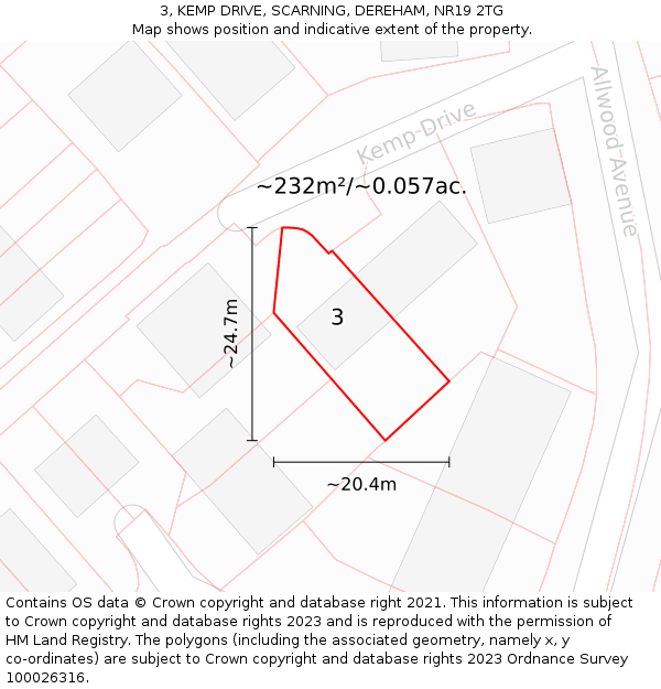 3, KEMP DRIVE, SCARNING, DEREHAM, NR19 2TG: Plot and title map