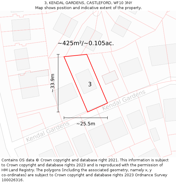 3, KENDAL GARDENS, CASTLEFORD, WF10 3NY: Plot and title map