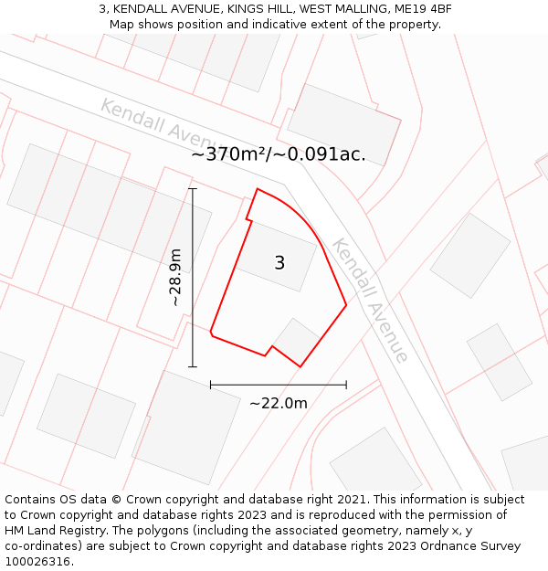 3, KENDALL AVENUE, KINGS HILL, WEST MALLING, ME19 4BF: Plot and title map