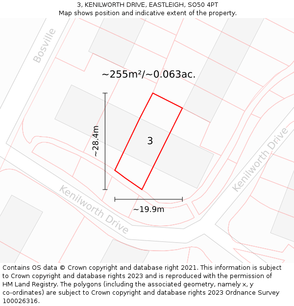 3, KENILWORTH DRIVE, EASTLEIGH, SO50 4PT: Plot and title map