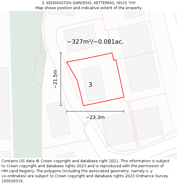 3, KENSINGTON GARDENS, KETTERING, NN15 7HY: Plot and title map