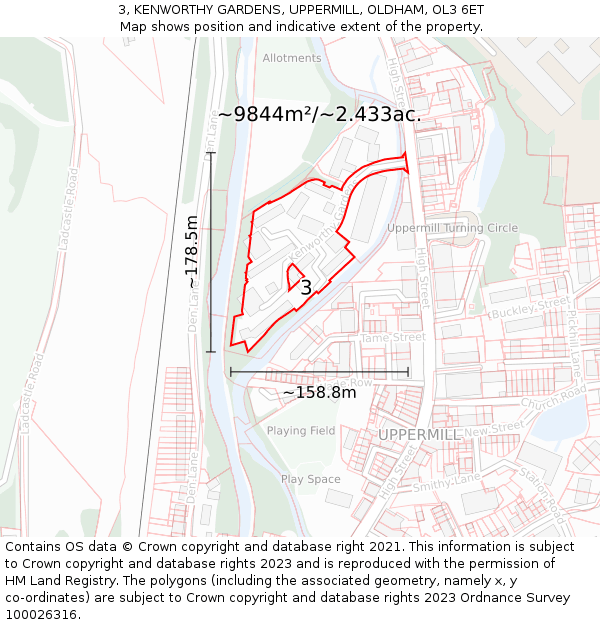 3, KENWORTHY GARDENS, UPPERMILL, OLDHAM, OL3 6ET: Plot and title map