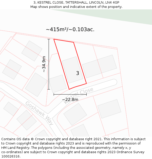 3, KESTREL CLOSE, TATTERSHALL, LINCOLN, LN4 4GP: Plot and title map