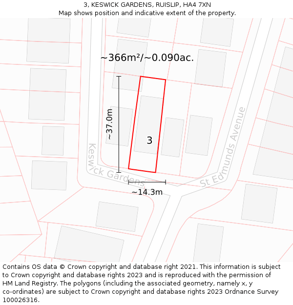 3, KESWICK GARDENS, RUISLIP, HA4 7XN: Plot and title map