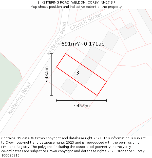 3, KETTERING ROAD, WELDON, CORBY, NN17 3JF: Plot and title map