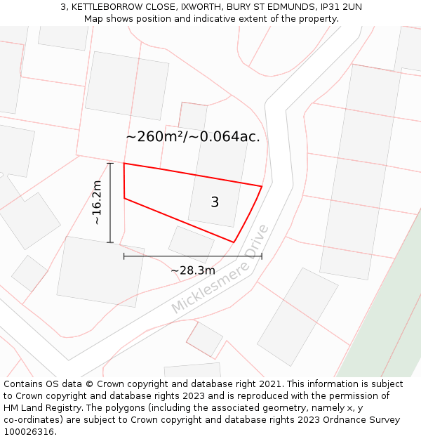 3, KETTLEBORROW CLOSE, IXWORTH, BURY ST EDMUNDS, IP31 2UN: Plot and title map