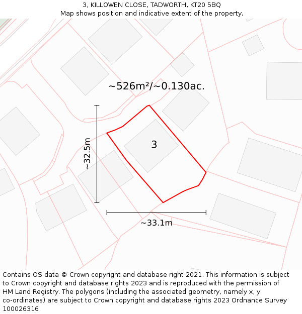 3, KILLOWEN CLOSE, TADWORTH, KT20 5BQ: Plot and title map