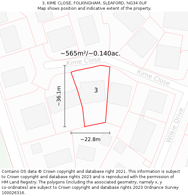 3, KIME CLOSE, FOLKINGHAM, SLEAFORD, NG34 0UF: Plot and title map