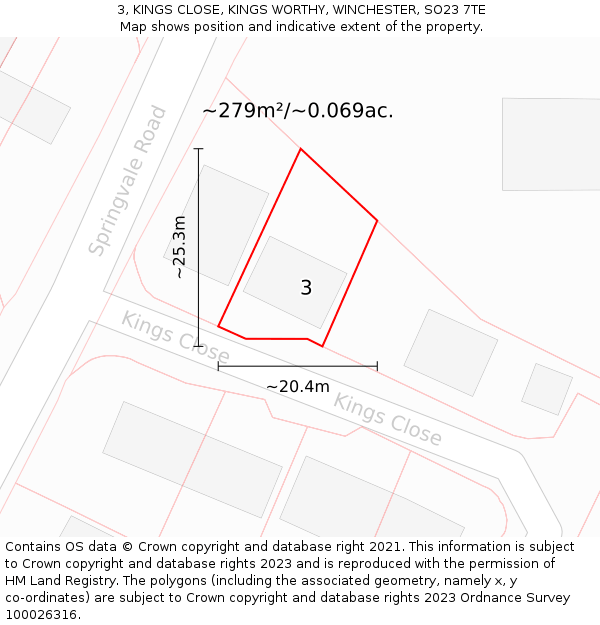 3, KINGS CLOSE, KINGS WORTHY, WINCHESTER, SO23 7TE: Plot and title map