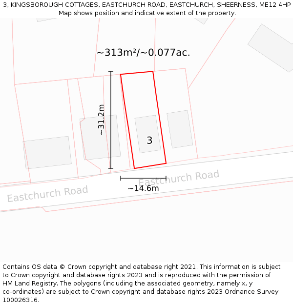 3, KINGSBOROUGH COTTAGES, EASTCHURCH ROAD, EASTCHURCH, SHEERNESS, ME12 4HP: Plot and title map