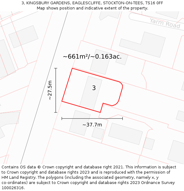 3, KINGSBURY GARDENS, EAGLESCLIFFE, STOCKTON-ON-TEES, TS16 0FF: Plot and title map