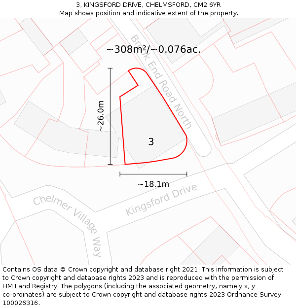 3, KINGSFORD DRIVE, CHELMSFORD, CM2 6YR: Plot and title map