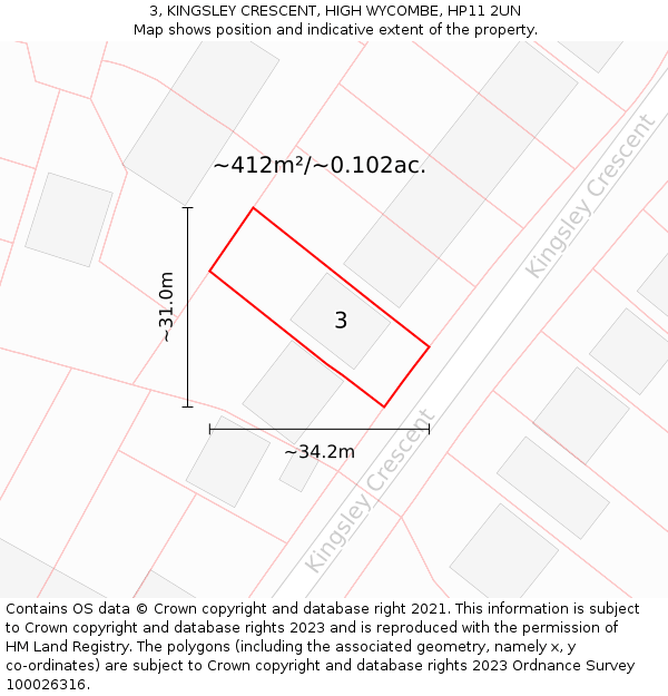 3, KINGSLEY CRESCENT, HIGH WYCOMBE, HP11 2UN: Plot and title map