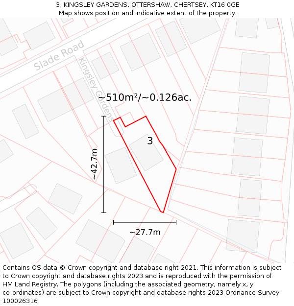 3, KINGSLEY GARDENS, OTTERSHAW, CHERTSEY, KT16 0GE: Plot and title map