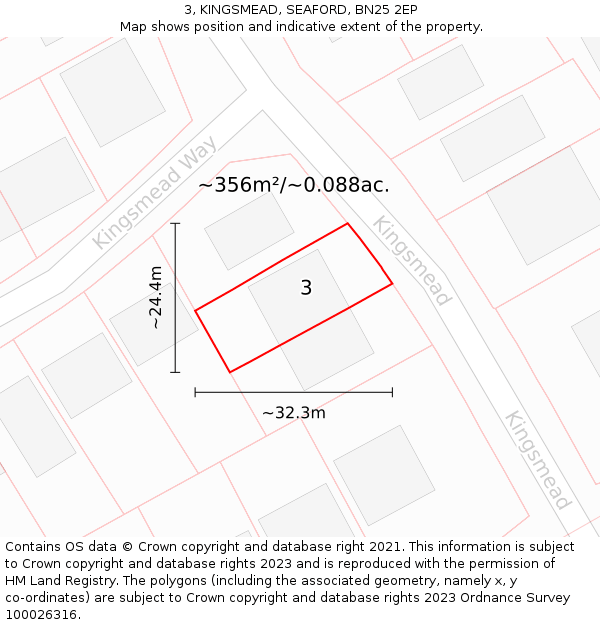 3, KINGSMEAD, SEAFORD, BN25 2EP: Plot and title map