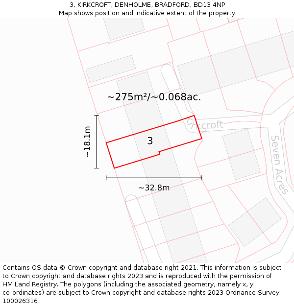 3, KIRKCROFT, DENHOLME, BRADFORD, BD13 4NP: Plot and title map