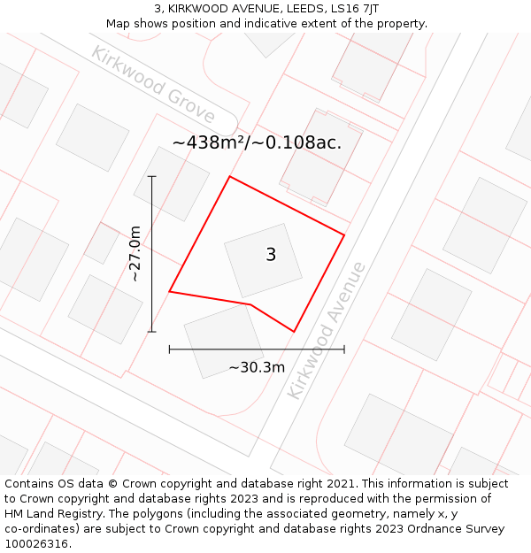 3, KIRKWOOD AVENUE, LEEDS, LS16 7JT: Plot and title map