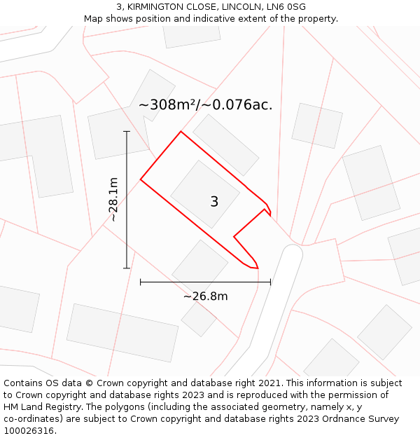 3, KIRMINGTON CLOSE, LINCOLN, LN6 0SG: Plot and title map