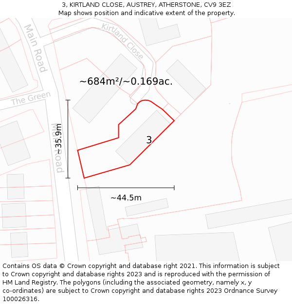 3, KIRTLAND CLOSE, AUSTREY, ATHERSTONE, CV9 3EZ: Plot and title map