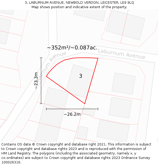 3, LABURNUM AVENUE, NEWBOLD VERDON, LEICESTER, LE9 9LQ: Plot and title map