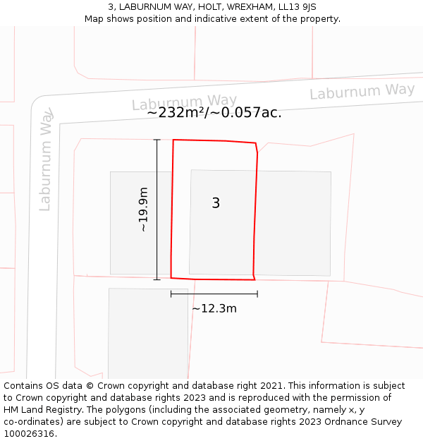 3, LABURNUM WAY, HOLT, WREXHAM, LL13 9JS: Plot and title map