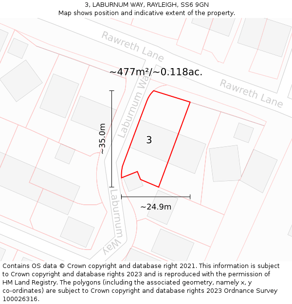 3, LABURNUM WAY, RAYLEIGH, SS6 9GN: Plot and title map