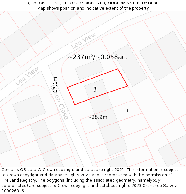 3, LACON CLOSE, CLEOBURY MORTIMER, KIDDERMINSTER, DY14 8EF: Plot and title map