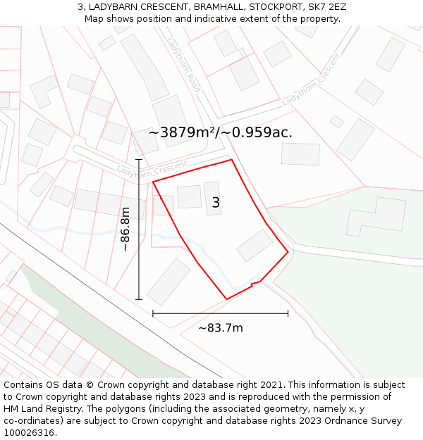 3, LADYBARN CRESCENT, BRAMHALL, STOCKPORT, SK7 2EZ: Plot and title map