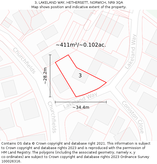 3, LAKELAND WAY, HETHERSETT, NORWICH, NR9 3QA: Plot and title map