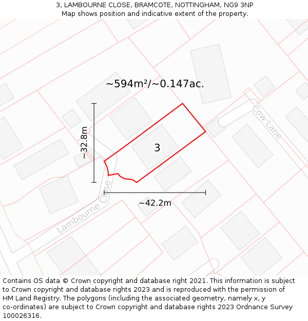 3, LAMBOURNE CLOSE, BRAMCOTE, NOTTINGHAM, NG9 3NP: Plot and title map