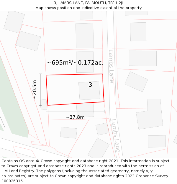 3, LAMBS LANE, FALMOUTH, TR11 2JL: Plot and title map
