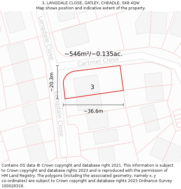 3, LANGDALE CLOSE, GATLEY, CHEADLE, SK8 4QW: Plot and title map