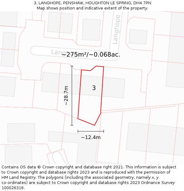 3, LANGHOPE, PENSHAW, HOUGHTON LE SPRING, DH4 7PN: Plot and title map