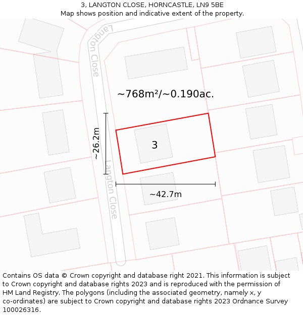 3, LANGTON CLOSE, HORNCASTLE, LN9 5BE: Plot and title map