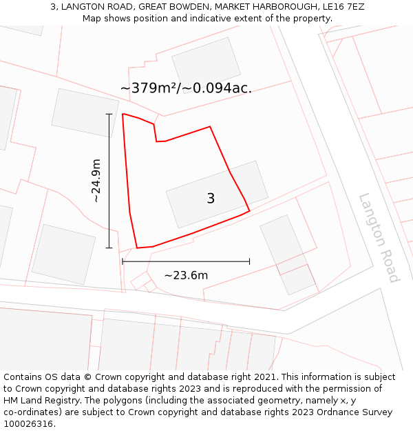 3, LANGTON ROAD, GREAT BOWDEN, MARKET HARBOROUGH, LE16 7EZ: Plot and title map