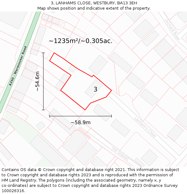 3, LANHAMS CLOSE, WESTBURY, BA13 3EH: Plot and title map