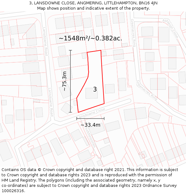 3, LANSDOWNE CLOSE, ANGMERING, LITTLEHAMPTON, BN16 4JN: Plot and title map