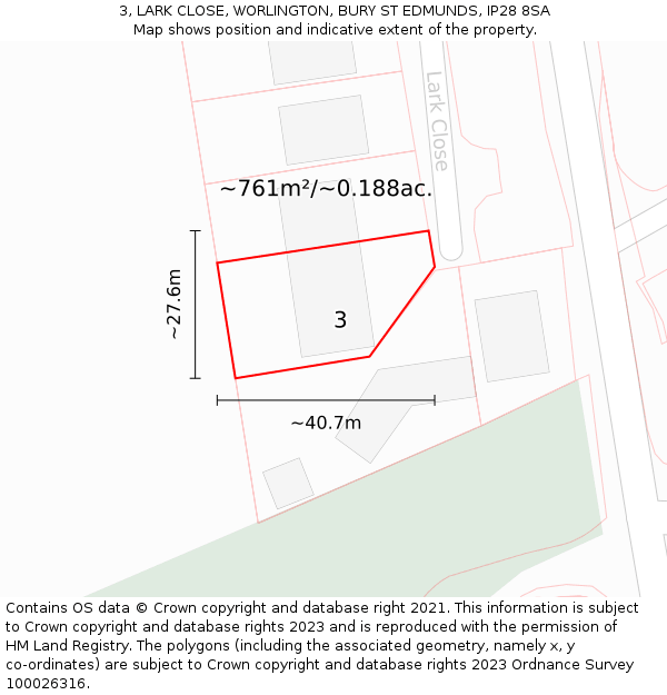 3, LARK CLOSE, WORLINGTON, BURY ST EDMUNDS, IP28 8SA: Plot and title map