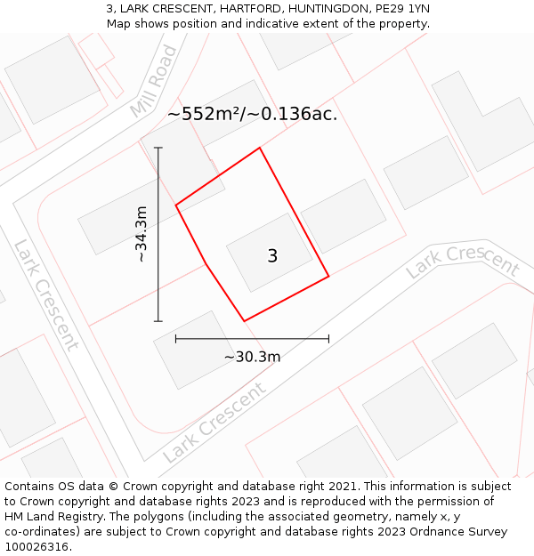 3, LARK CRESCENT, HARTFORD, HUNTINGDON, PE29 1YN: Plot and title map