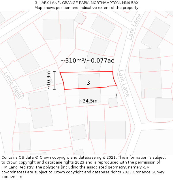 3, LARK LANE, GRANGE PARK, NORTHAMPTON, NN4 5AX: Plot and title map