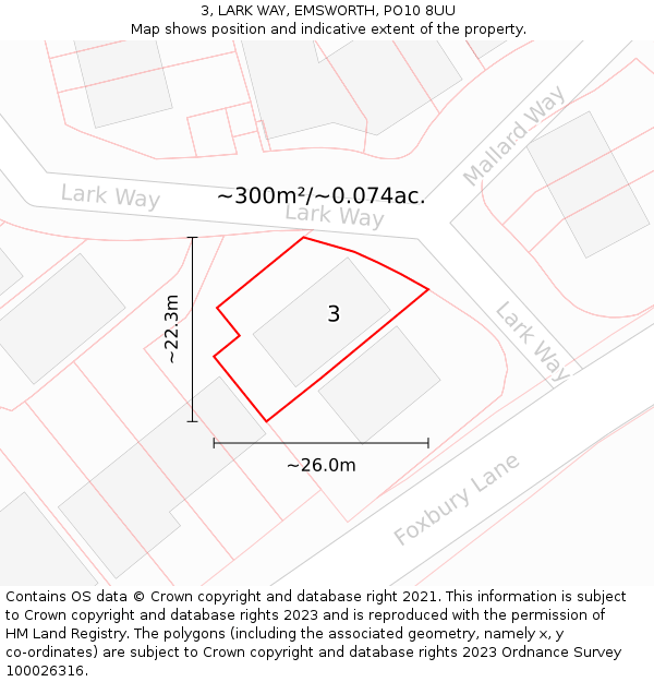 3, LARK WAY, EMSWORTH, PO10 8UU: Plot and title map